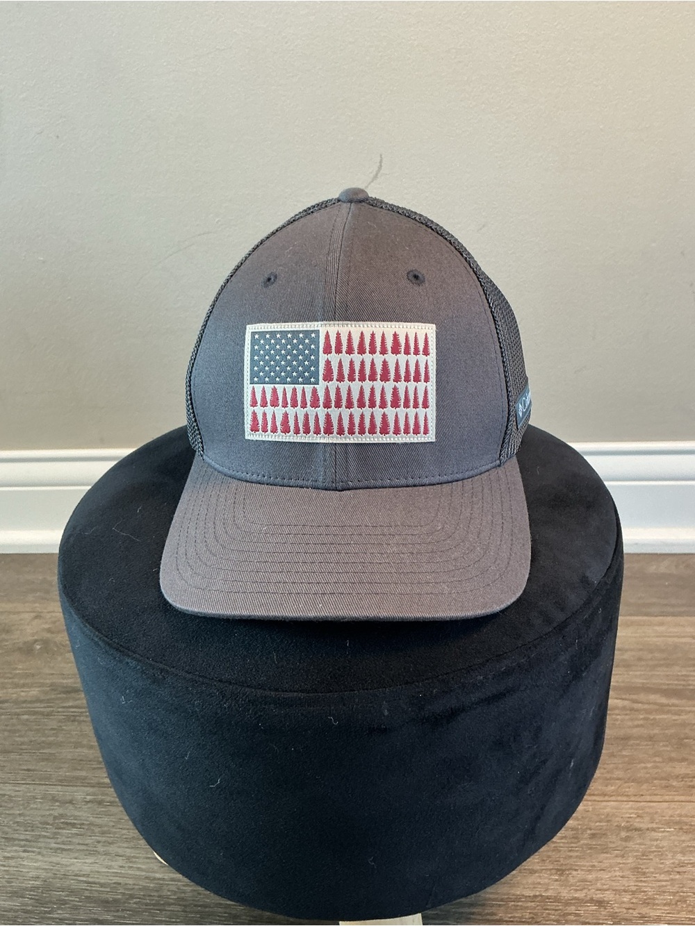 Columbia Gray Trucker Hat with Red & White Flag Patch